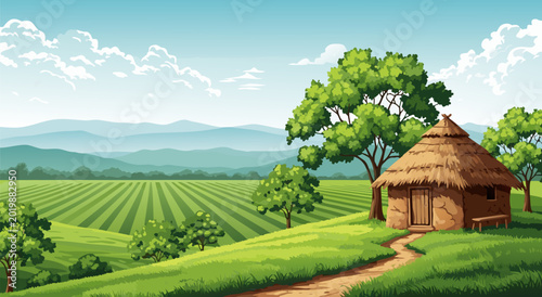 Photos Vector illustration of a picturesque rural landscape with a thatched-roof hut an