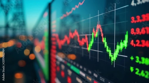 Close-up of financial charts displaying stock market data on a digital screen. Dynamic red and green graphs represent fluctuating stock prices in a modern trading environment.