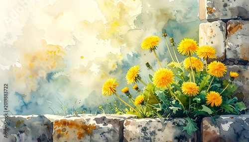 Vibrant yellow dandelions blooming between ancient stone wall watercolor painting sunlight green leaves nature spring peaceful textured background