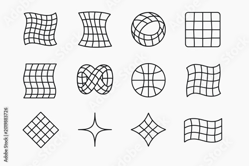 Holographic Mesh Icons. Holographic mesh patterns. Line outline icon set of holographic mesh patterns: grid
