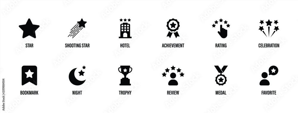 Fototapeta premium Star Icon Set. Star Rating and Achievement Icon Set with Favorite, Review, Trophy and Celebration Symbols