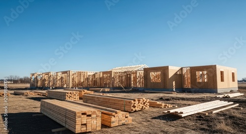 New Home Construction Site with Wood Framing and Lumber Piles.