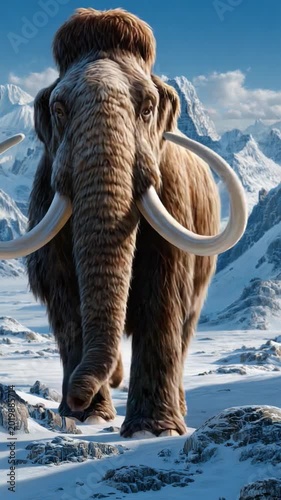 Mammoth's Majestic Stance: A colossal woolly mammoth, stands defiantly amid a pristine, snowy landscape, its formidable tusks a testament to its ancient grandeur.