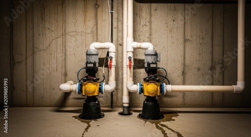 Two identical sump pumps installed in a basement with concrete walls.
