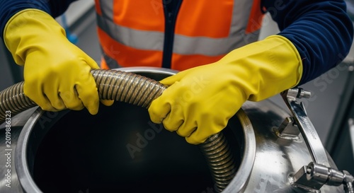 Worker in Yellow Gloves Holding Industrial Hose Over Metal Tank.