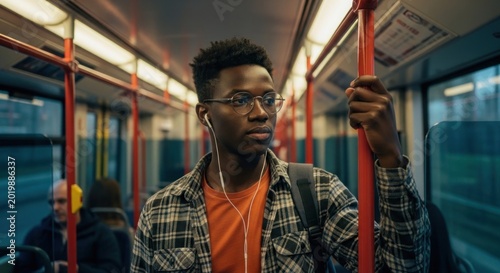 Young Black Man Listening to Music on Public Transportation.
