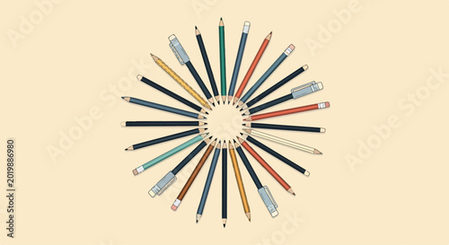 Foto Colorful pencils and sharpeners in a circle
