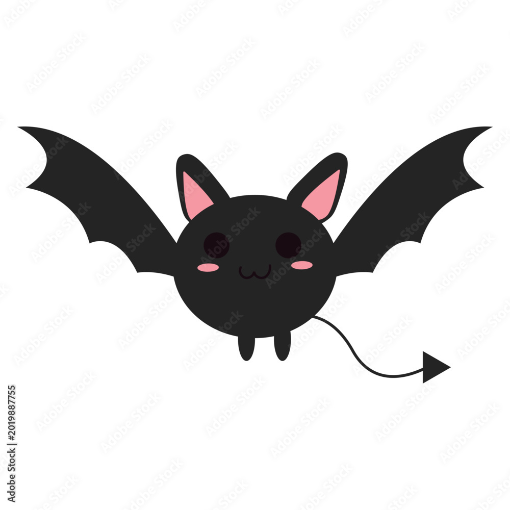 Fototapeta premium Cute Kawaii Bat Devil Halloween Character Vector, Funny Dark Winged Creature Cartoon Icon Isolated