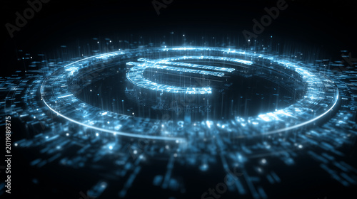 Glowing holographic euro symbol floating above concentric digital rings on dark cyber grid