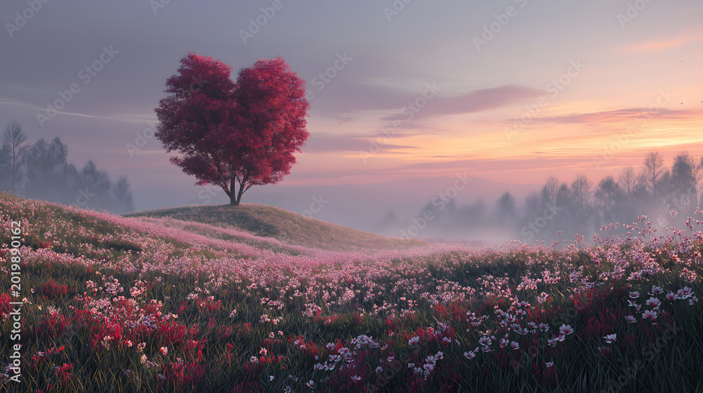 Fototapeta premium Heart Shaped Pink Tree in Misty Flower Field at Romantic Sunrise