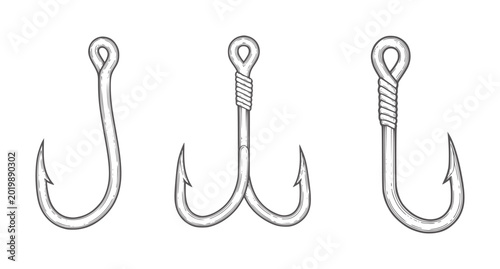 Three fishing hooks single double treble style