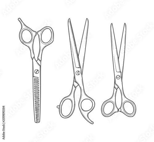 Three Hand Drawn Hairdressing Scissors Including Thinning Shears cutting
