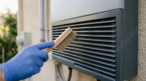 Gloved Hand Brushing Dust from Ventilation Grille on Outdoor Solar Inverter
