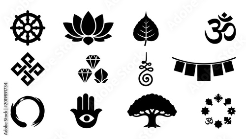 Fotografía Buddhist Dharma and Sacred Symbol Silhouette Icons Set