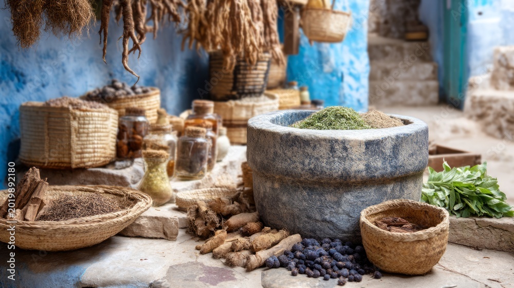 Fototapeta premium Traditional Spice Grinding in a Rustic Area with Stone Mortar
