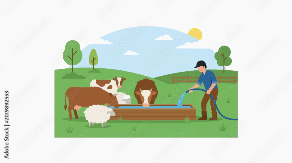Naklejka premium Farmer filling water trough for cows and sheep on a sunny day at the farm vector style