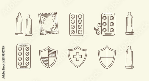 Принти на полотні Contraception Icons Set with Condoms Birth Control Pills and Protective Shields