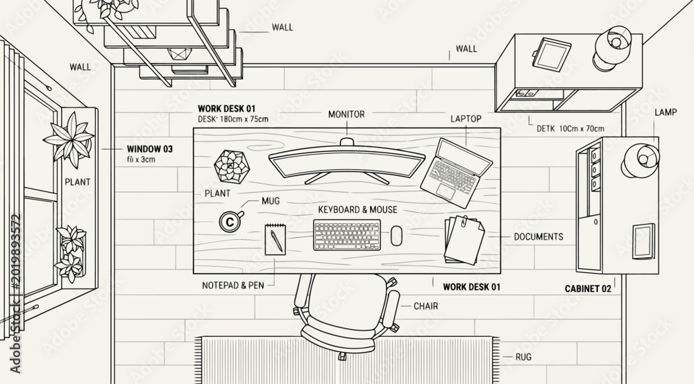 Fototapeta premium Top view of a home office desk setup with labels detailed line art illustration featuring a curved monitor, laptop, keyboard, mouse, chair, and office supplies