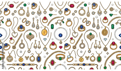 Tableau sur toile Luxury jewelry seamless pattern vector with diamond rings earrings necklaces and