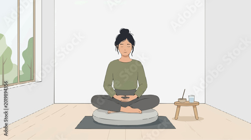 Woman meditating in lotus pose on cushion in a room with a window overlooking trees vector style