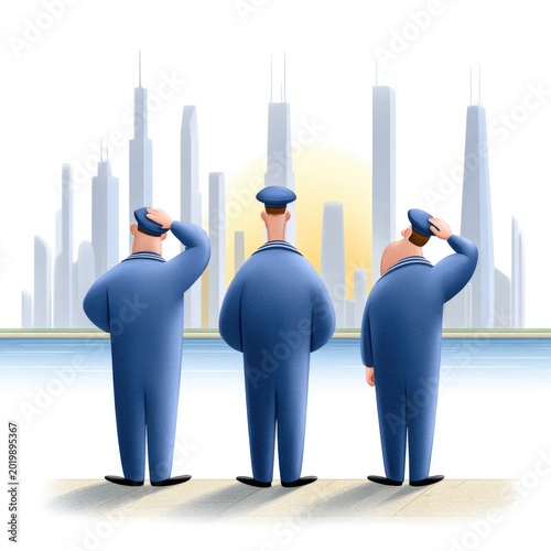Three animated sailors admiring modern cityscape at sunrise