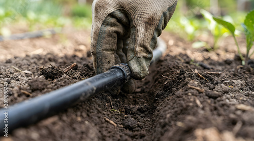 installing drip irrigation system in garden | hand in work glove adjusting water pipe | sustainable agriculture watering techniques | efficient backyard garden irrigation setup