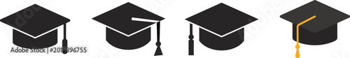 Foto Graduation Caps in Silhouette with Tassels on White Background Representing Acad