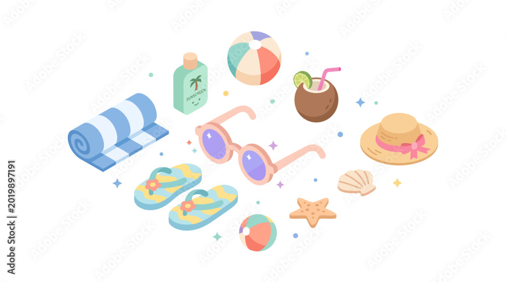 Fototapeta premium Cute Kawaii Summer Beach Elements Isometric Vector Illustration Set