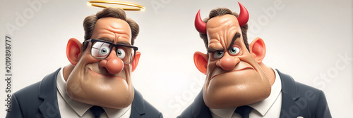 Hyper-Realistic 3D Caricature of Business Manager Duality with Halo and Devil Horns, Happy and Angry Versions, Surreal Corporate Concept on White Background with Copy Space. Generative Ai.