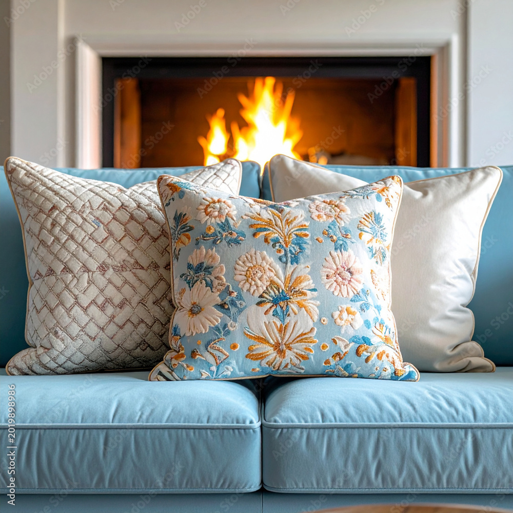 Fototapeta premium Cozy living room scene with decorative pillows and a warm fireplace glow