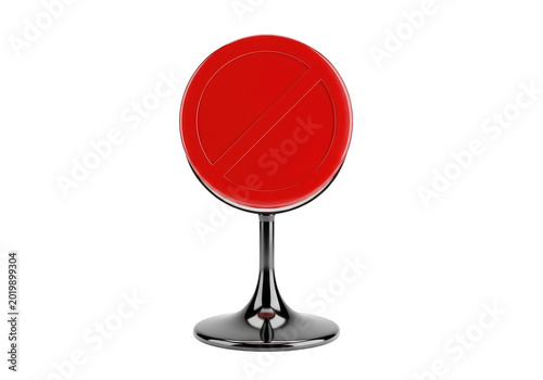 A red circular mirror with a silver stand against a white background