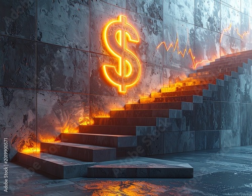 Stairway leading to glowing dollar symbol with financial charts representing business growth, investment success, and economic progress