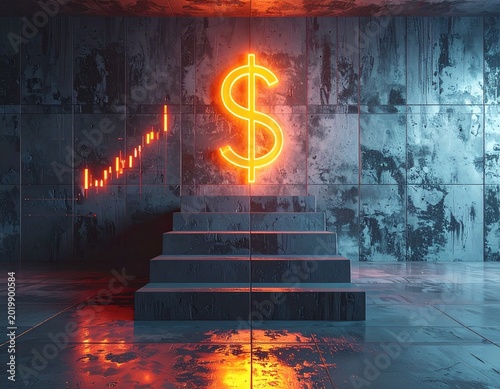 Stairway leading to glowing dollar symbol with financial charts representing business growth, investment success, and economic progress