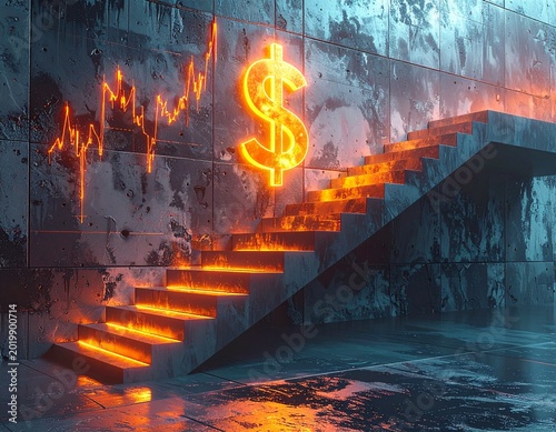 Stairway leading to glowing dollar symbol with financial charts representing business growth, investment success, and economic progress