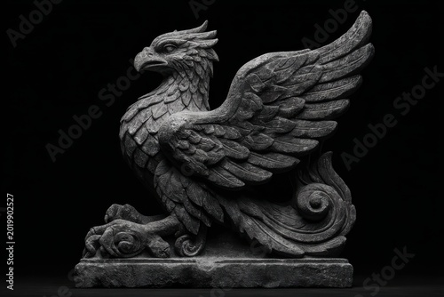 Stone Gryphon Statue: A detailed stone gryphon statue stands prominently against a dark backdrop, exuding an air of ancient mystique and power. 