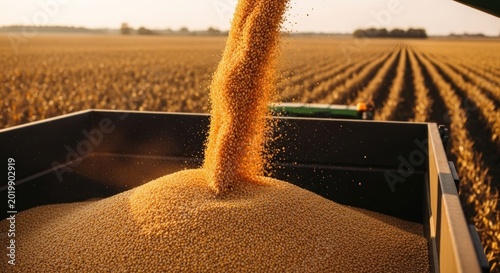 Harvesting Golden Soybeans into a Truck in a Vast Field at Sunset.
