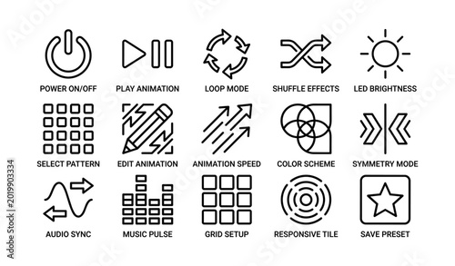 Interface control icons for animation and led settings on white