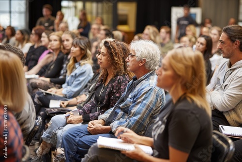 public meeting in town hall or private event. diverse group of people sitting in chairs at an interactive workshop, listening and taking notes while one person is speaking to the audience.