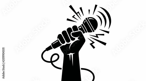 Fist holding vintage microphone with sound waves