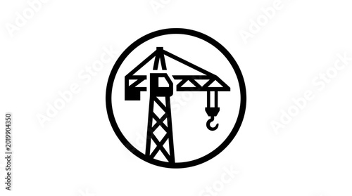 Black crane icon within a circle on white background