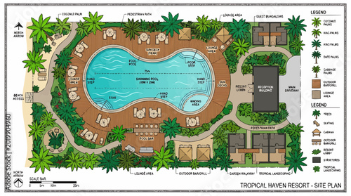 resort design, site plan, tropical resort, landscape architecture, infinity pool, guest bungalows, outdoor bar, landscaping, palm trees, pathways, architectural illustration, 