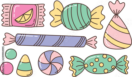 Fotografía Illustration with playful collection of assorted candies in bright pastel colors