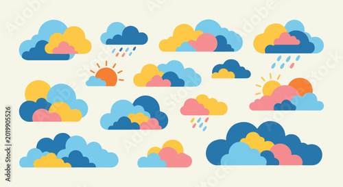 Tableau sur toile Colorful weather icons with clouds and sun