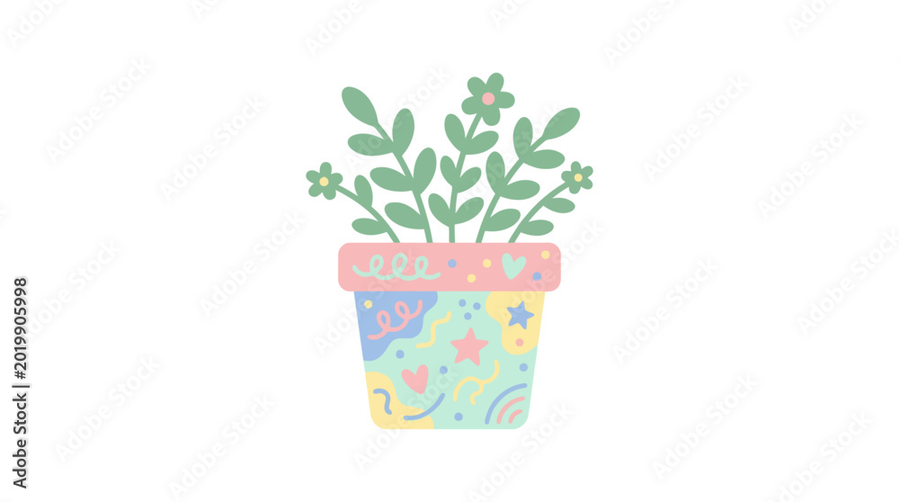 Obraz premium Cute Hand-Drawn Potted Plant Illustration with Pastel Flowers and Patterns