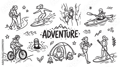 Outdoor adventure and extreme sports activities with women in hand drawn doodle style.