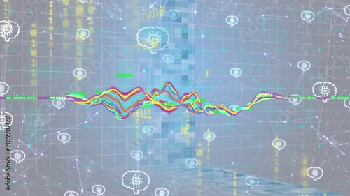 Multicolored waveform responding to binary streams, rising and reshaping while node icons glowing
