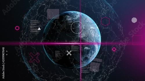 Planet rotating magenta beam appearing right beam aligning into cross HUD orbiting showing data