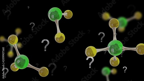 On play, molecules drifting and rotating in black void, question marks orbiting to show uncertainty