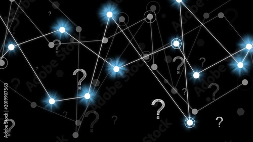 Graph expanding and pulsing after node cluster appearing, showing question marks on black backdrop