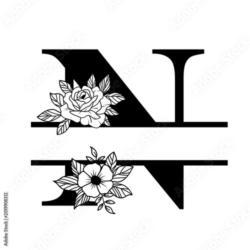 Letter N Floral Split Monogram SVG Rose Flower Initial Design for Cricut Silhouette Personalized Gifts
